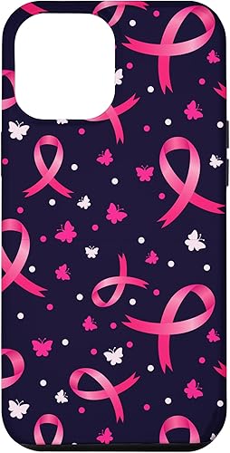 iPhone 13 Pro Max - Funda de soporte para mujer con patrón de cinta rosa para concientización sobre el cáncer de mama