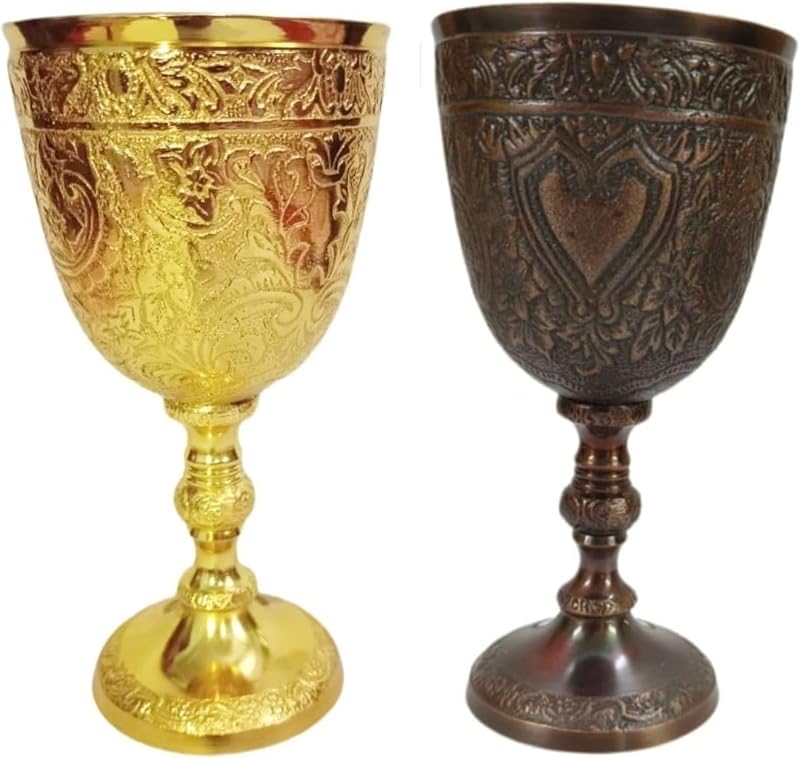 tumbler,Vintage Handcrafted Brass gold Chalice Goblet – Engraved Metal Wine Cup – Antique Decorative Drinkware – Royal Collectible Gift for Men & Home Décor set of 2 antique and gold polish