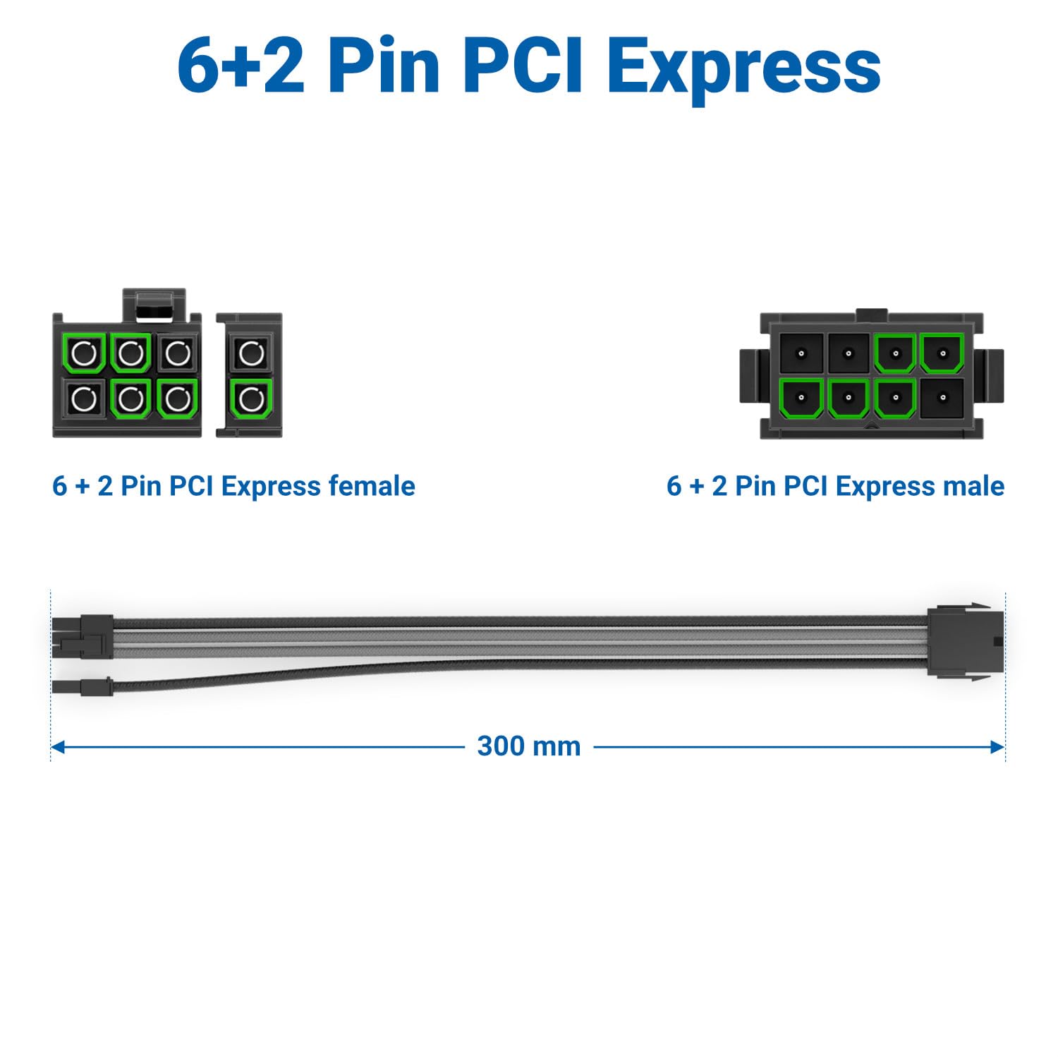 deleyCON 6+2 Pin PCI Express Karta Graficzna GPU Kabel Zasilający Przedłużacz 30cm - 18 AWG Zasilacz Komputerowy PC Nylon Męski do Żeńskiego - Czarno-Szary