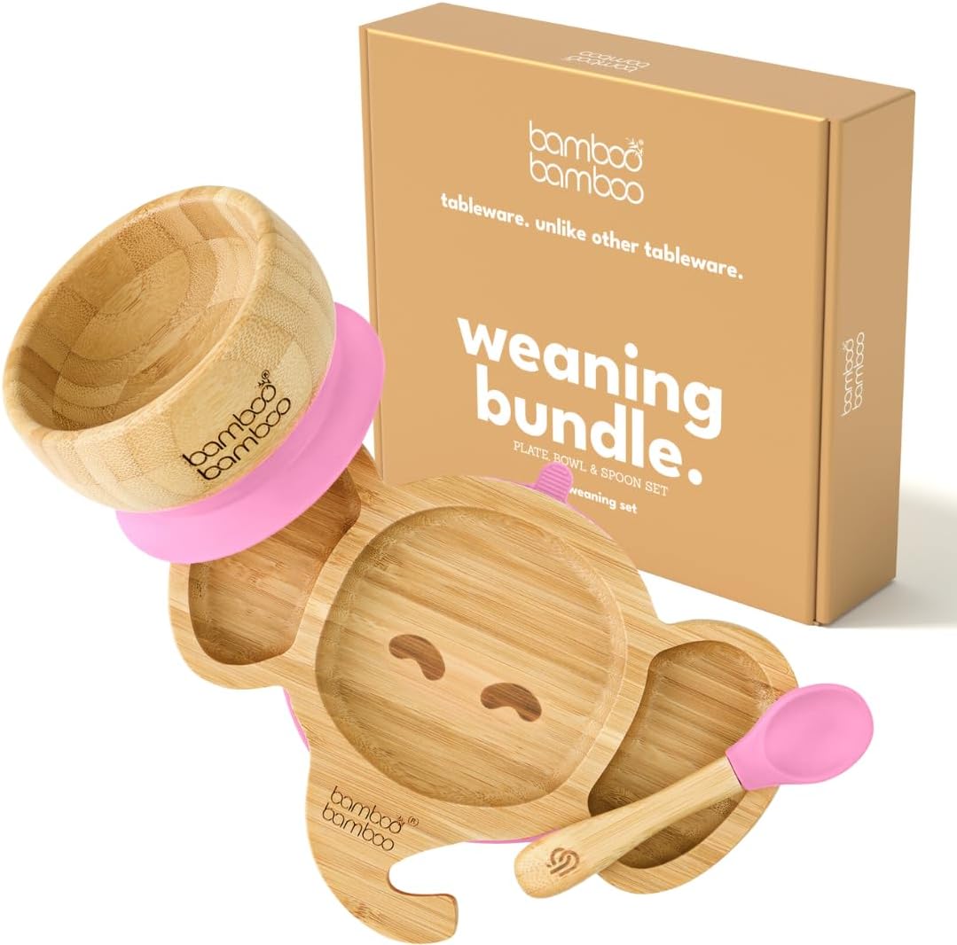 Bamboo Baby Plate with Suction - Kids and Toddler Suction Cup Plate for Babies, Non-toxic All (Elephant)-Natural Bamboo Baby Food Plate Stays Cool to the Touch for Baby-Led Weaning (Pink Bundle)