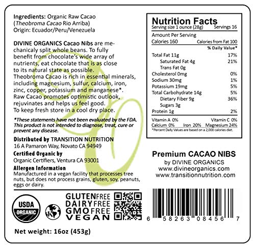 Divine Organics Raw Cacao / Cocoa Nibs - Certified Organic - Premium Rio Arriba - Smoothies, Baking, Snacks, Salads, Trail Mixes - Chocolate Chips Substitute - Rich In Magnesium (16Oz) #TOP4