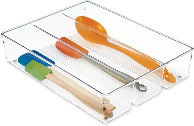 iDesign Cutlery Tray Drawer with 3 Compartments, Large Kitchen Drawer Insert, Practical organiser for Kitchen Utensils, Clear