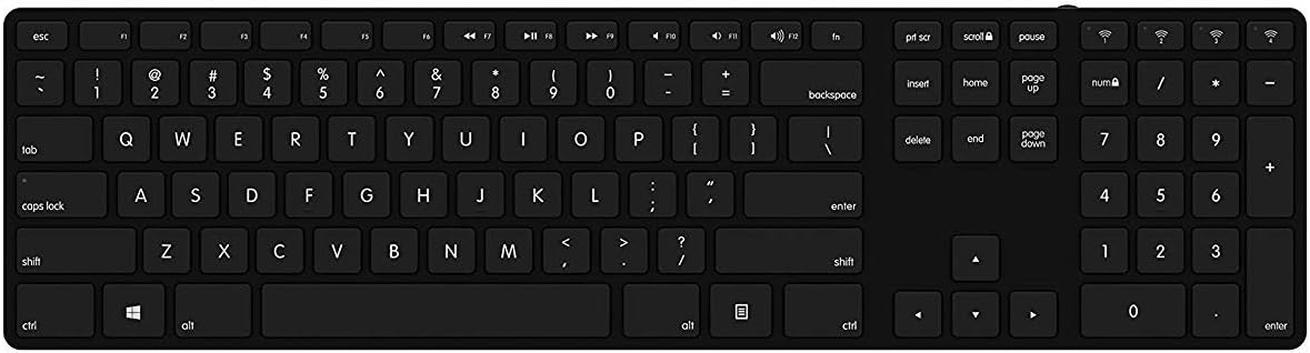 MatiasFK416PCBTL Wireless Backlit Slim Keyboard with Numeric Keypad and 4-Device Sync - Compatible with Windows PC (Black)