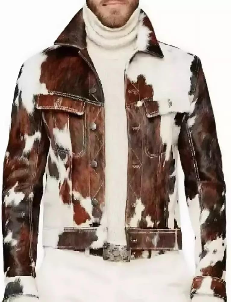 Men's Western Genuine Cowhide Leather Cafe racer biker Jacket Natural Hair-On Cow Skin Fashion Coat" By Reclaimed Vintage