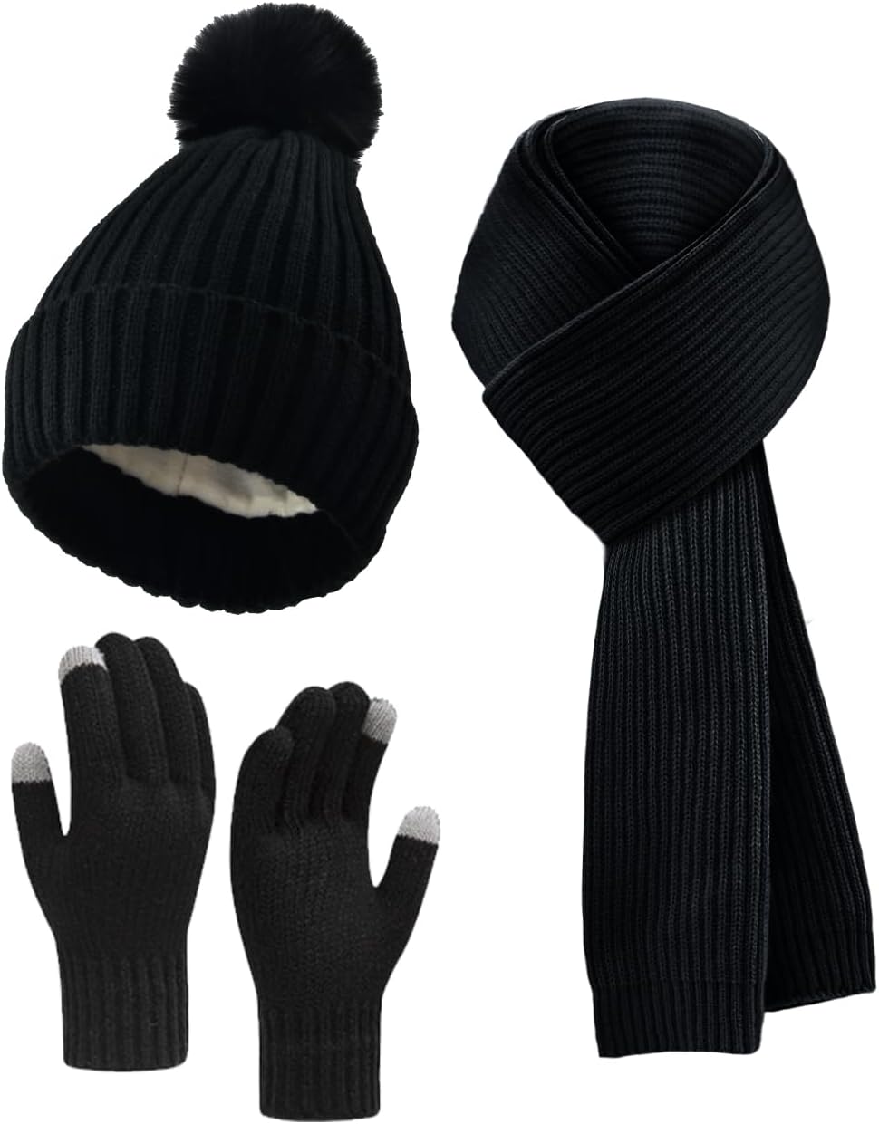 Winter Beanie Hat Scarf Gloves Set for Women, Fleece Knit Pompom Beanie Neck Warmer Long Scarf Touchscreen Gloves 3 in 1 Set