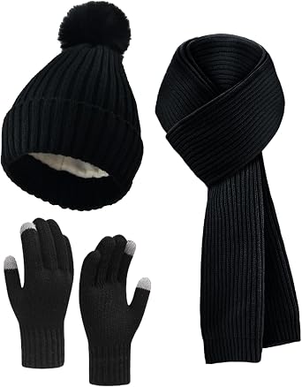 Winter Beanie Hat Scarf Gloves Set for Women, Fleece Knit Pompom Beanie Neck Warmer Long Scarf Touchscreen Gloves 3 in 1 Set