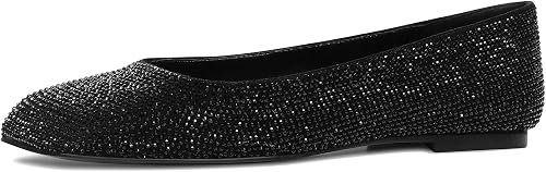 RONILURN Flats for Women Rhinestone Square Toe Glitter Sparkly Comfortable Casua
