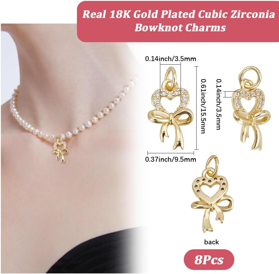 Beebeecraft 8Pcs Bowknot Charms 18K Gold Plated Small Heart Pendant Charms Micro Pave Clear Cubic Zirconia with 3.5mm Jump Ring for Jewellery Making Earrings Necklaces Wedding Gift DIY Crafts