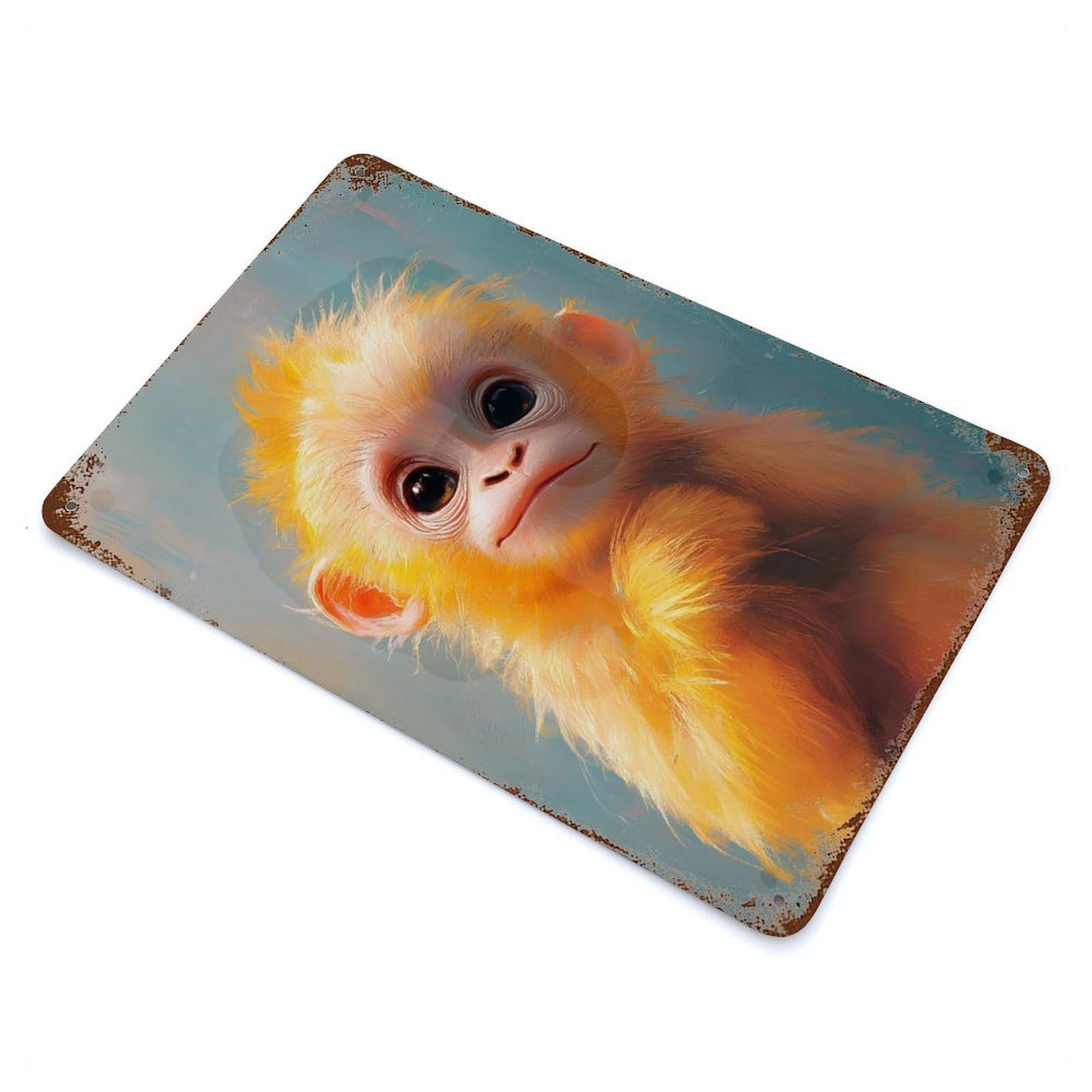 Aged Metal Wall Plaque with Cute Monkey Portrait Design 11.8"x7.9", for Farmhouse, Kitchen And Entryway Decor, Retro Wall Decor