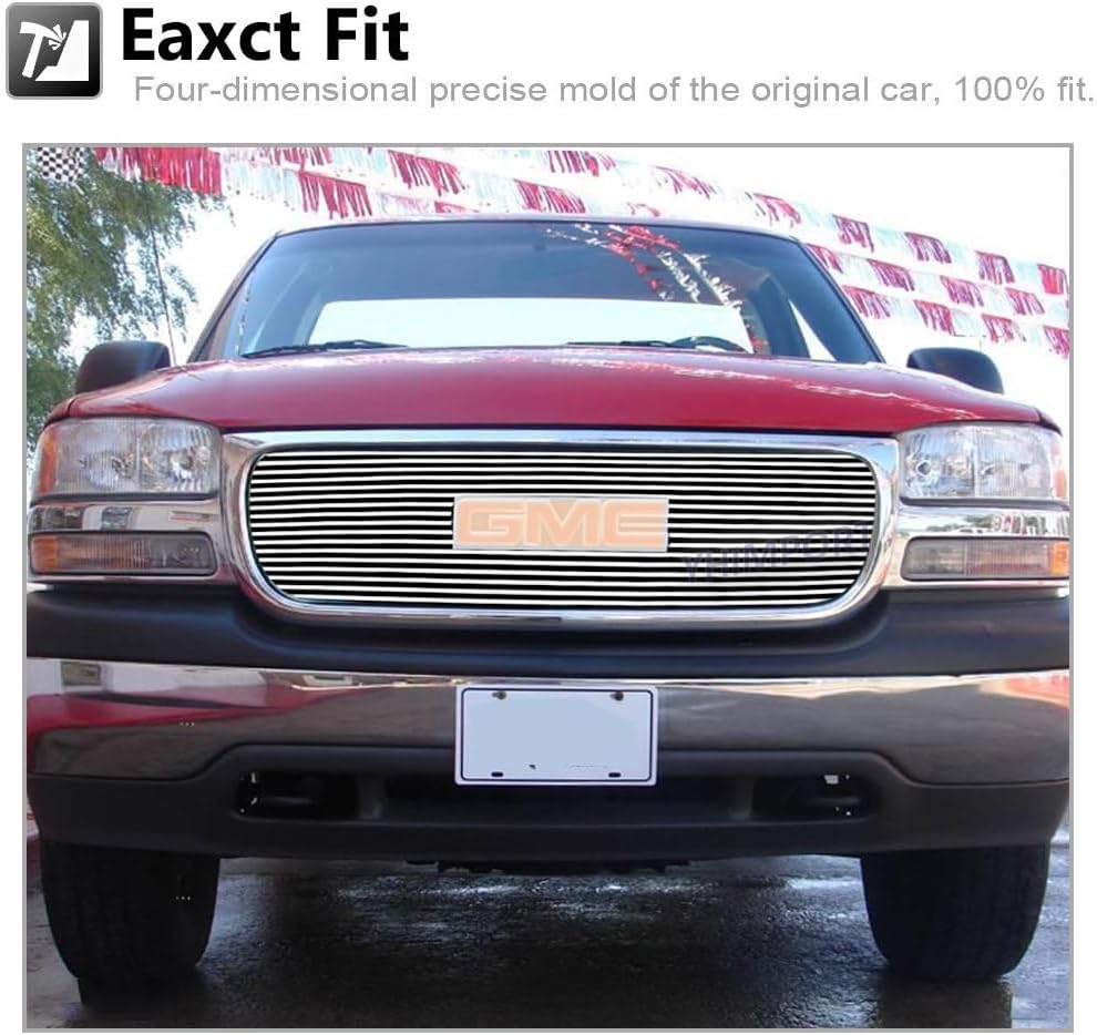 Chrome Billet Grille Insert fits 1999-2002 GMC Sierra 1500 2500 2001-2006 GMC Yukon Main Upper Polished Grill Bolt Over