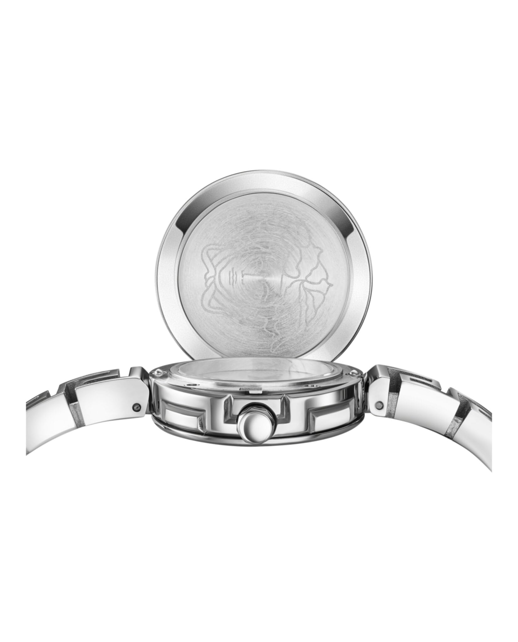 Versace Medusa Secret - Orologio da donna svizzero, di lusso, con quadrante a raggi solari argentati, cassa in acciaio inossidabile da 25 mm, bracciale Greca, chiusura con gioielli, 3 ATM