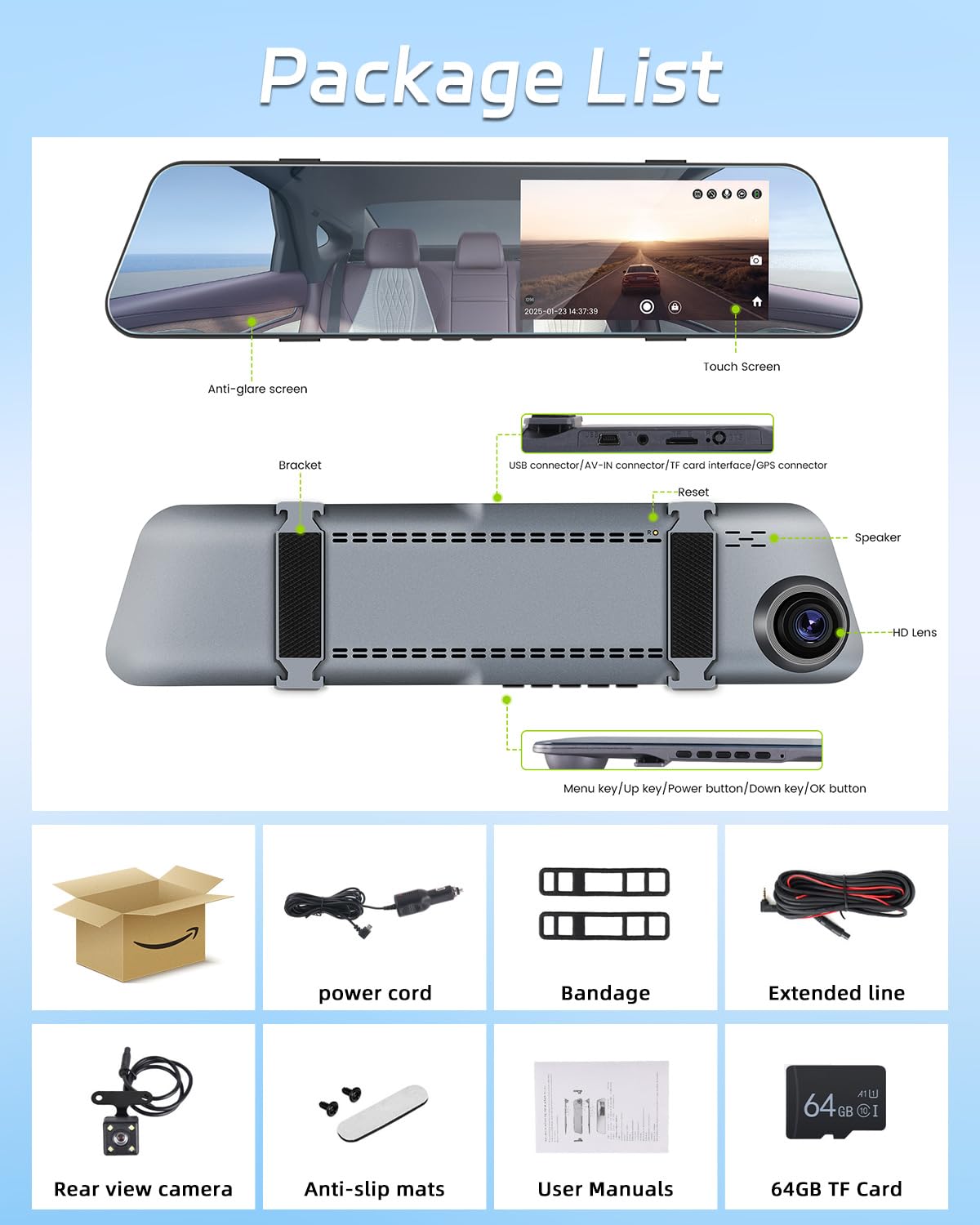 NHOPEEW Mirror Dash Cam 4,7 pollici 720P Doppia telecamera frontale e posteriore - Super visione notturna/Registrazione in loop/Compensazione dell'esposizione - Telecamera di backup per auto