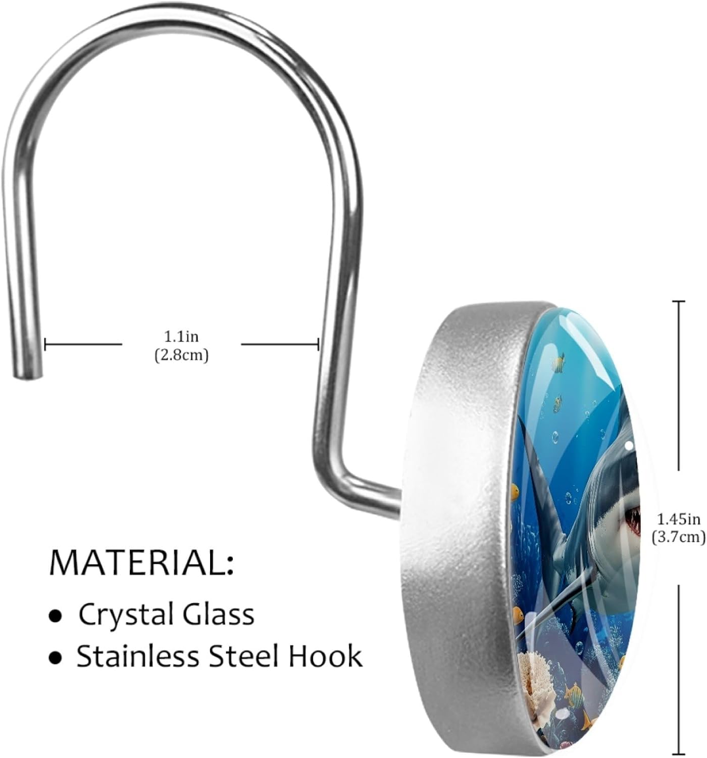 Ocean Shark Rust Proof Shower Curtain Hooks 12Pcs for Bathroom Shower Rod, Decorative Shower Hooks Shower Curtain Hanger Rings Roller, Glass, Resin, Stainless Steel