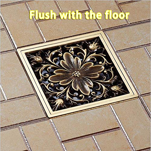 4 Inch Square Antique Brass Floor Drain with Removable Cover Waste Water Strainer for Bathroom, Kitchen, Veranda and Public Drain Area