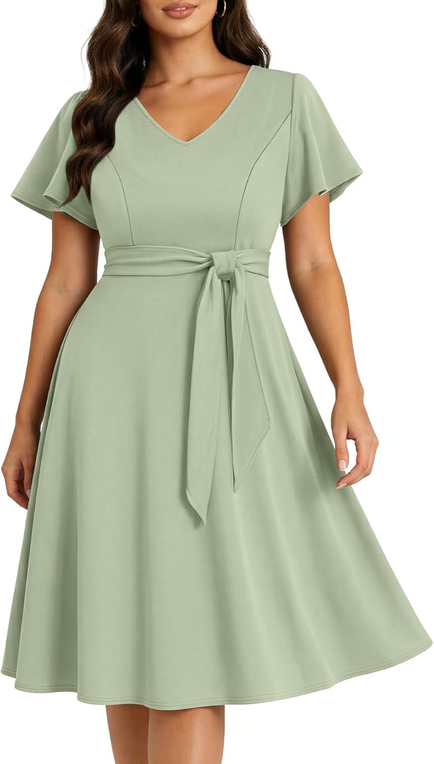 Plus Size Wedding Guest Dress - Cocktail Formal Fall Short Sleeve V Neck A-Line Midi Dresses for Women 2025