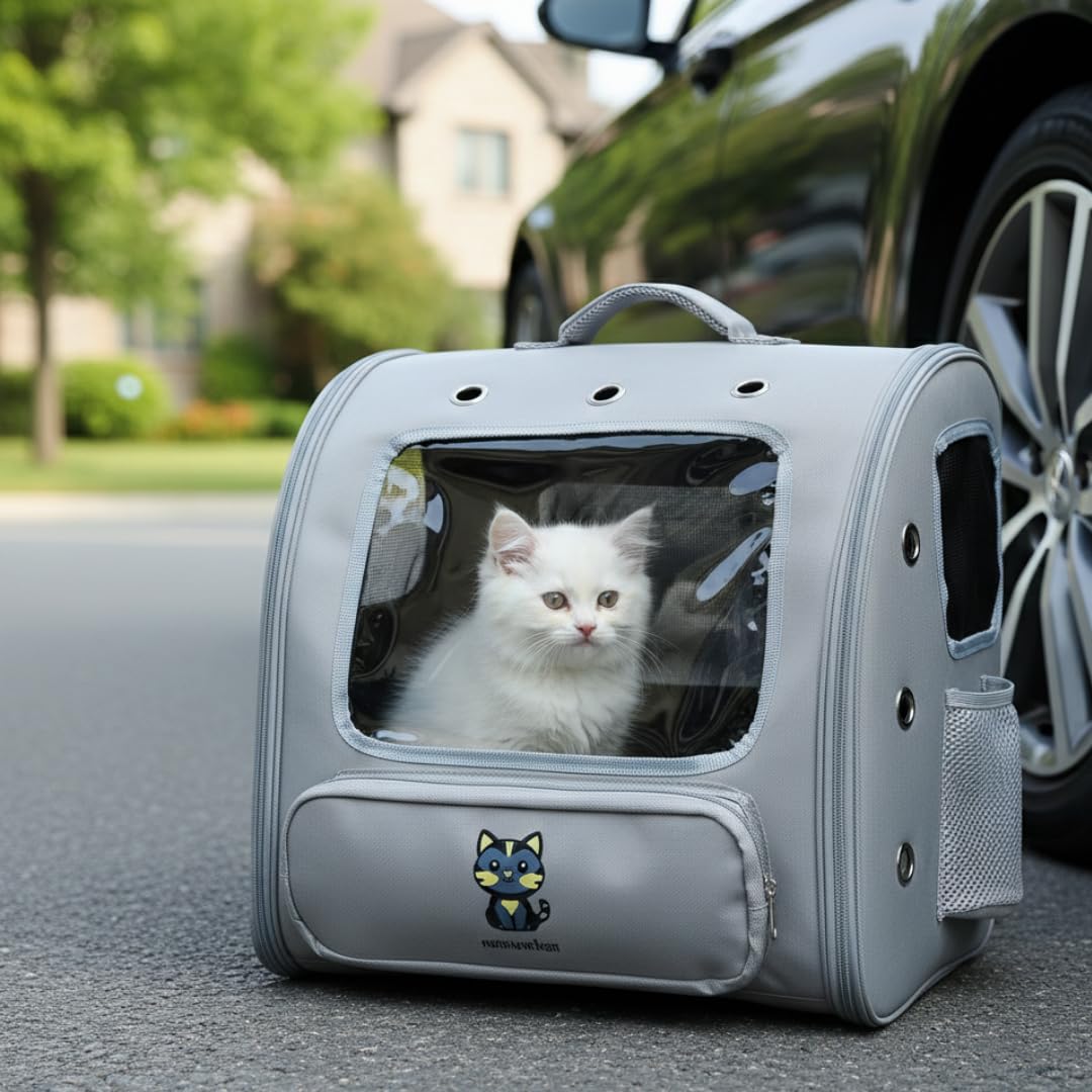Sac de Transport pour Chat avec fenêtre panoramique – Structure Rigide, Ventilation Multiple – 45×30×40 cm (Gris foncé)