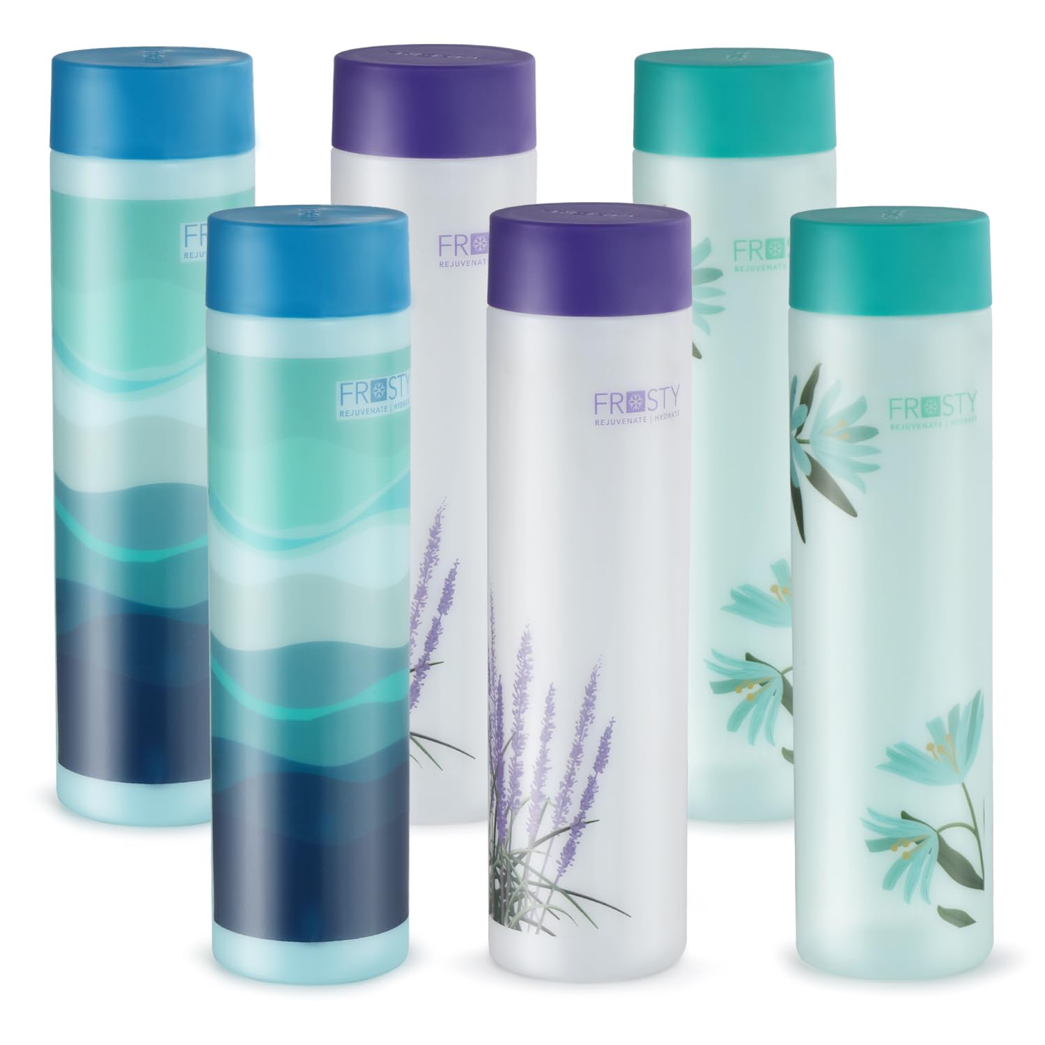 AQUAWARE Frosty Plastic Food Grade Fridge Round Bottle,labelled floral design Gift Set(6 pieces,1L,2Purple,2Green,2Blue)