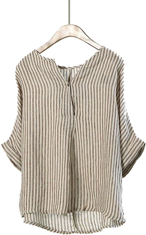 Johnature Women Linen Striped Bat Sleeve Casual Loose Vintage Blouse