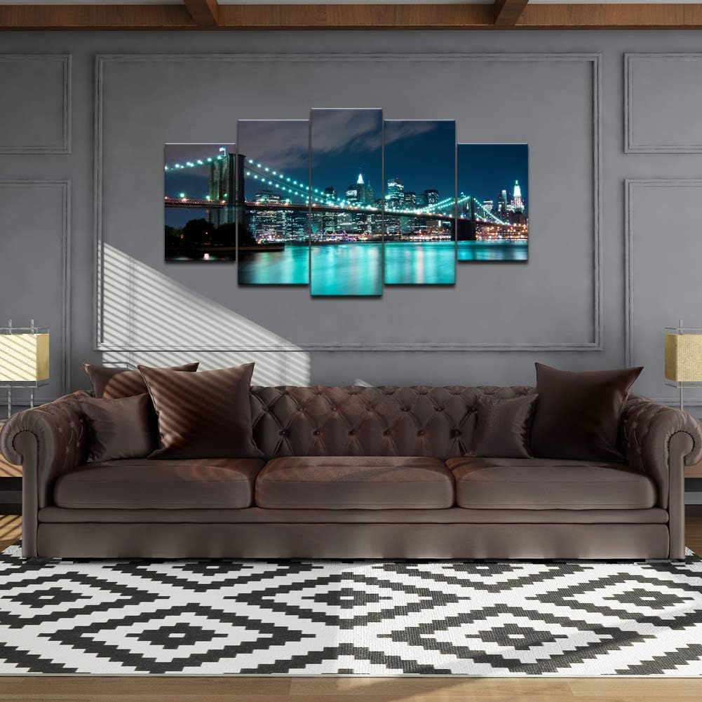 Super Cheap 🛒 Nachic Wall 5 Piece New York Wall Art Blue Brooklyn Bridge Night View Pictures Canvas Prints for Home Living Room Decor Nyc Artwork Framed Ready to Hang