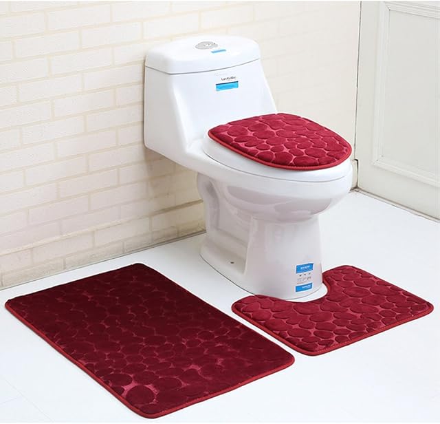 Aisaving 3pcs Non Slip Bath Mat Set Super Soft Pedestal and Bath Rug Memory Foam Pebble Shower Mat Quick Drying Bathroom Mat Carpet,U-Shaped Contour Mat and Toilet Seat Cover (Red)