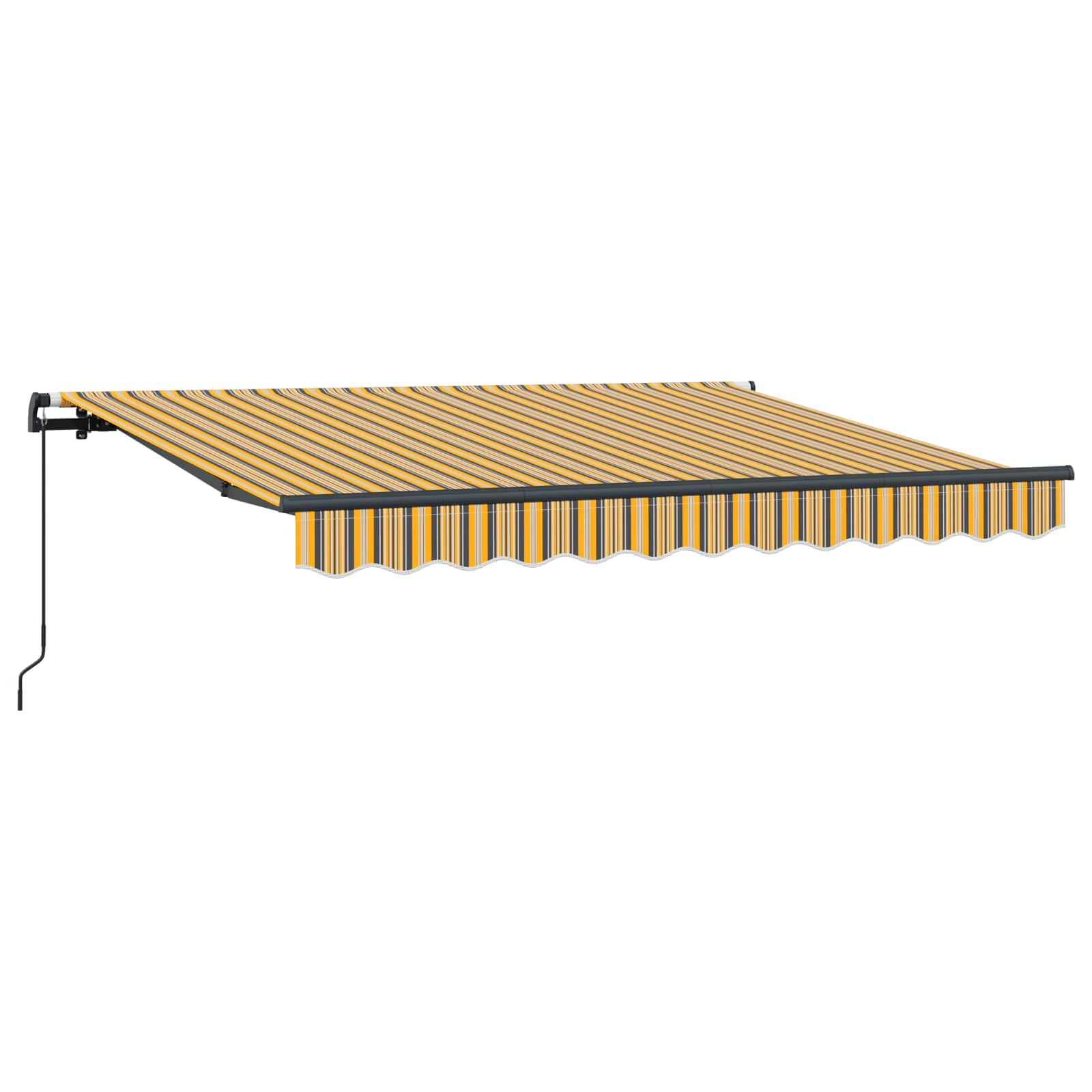 Store haut de gamme 350 x 200 cm armature alu blanc et toile rayée jaune pour grand patio