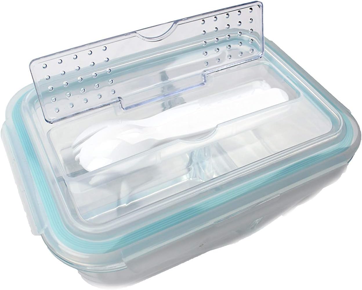 Glass Meal Prep Containers 3 Compartment Bento Box, Lunch Box Set Leak Proof Locking Lids with Utensil/Cutlery Compartment Oven, Microwave Safe (3-Pack, 35.5 oz) EXTRA CUTLERY LID!!