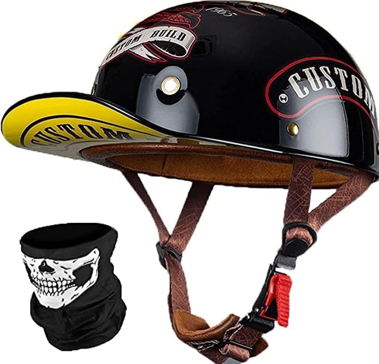 German Style Motorcycle Open-Face Helmet DOT Approved, Half Helmet Skull Cap Helmet Motorbike Cruiser Scooter Cool Helmet for Adult Men and Women Baseball Cap Helmet