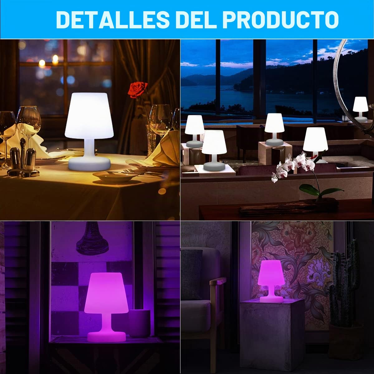 Lámpara de Mesa Restaurante Regulable Con Batería Recargable, Lampara de Escritorio Sin Cable LED Con Control Remoto y 16 Cambios de Color RGB Para Bares Niños Exteriores, Lámpara de Noche, Blanco