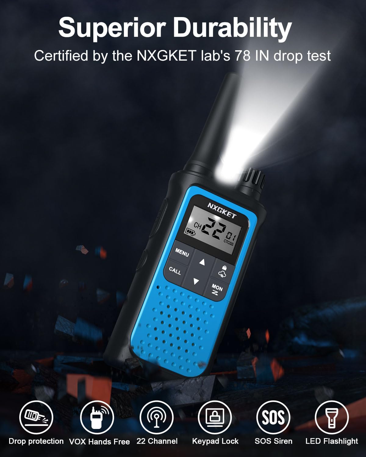 A blue NXGKET Walkie Talkie in a dark setting, with its top-mounted LED flashlight illuminated, highlighting its superior durability and features like drop protection, VOX, 22 channels, keypad lock, SOS siren, and LED flashlight.