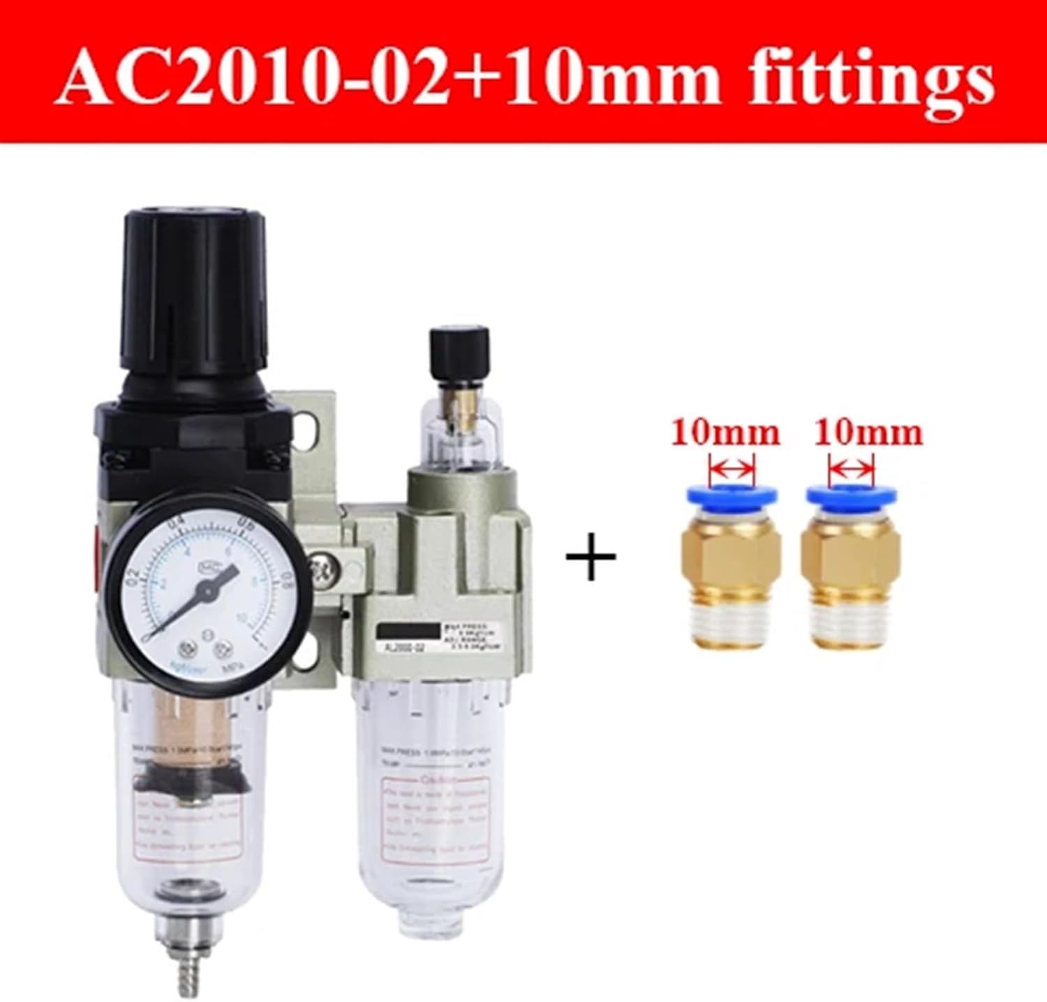 Air Compressor Pressure Reducing Valve Pneumatic Water Oil Separator Manual Drainage AC2010-02 Pneumatic Air Filter with Fitting (Color : AC2010-02 with 10mm, Size : Copper Filter)