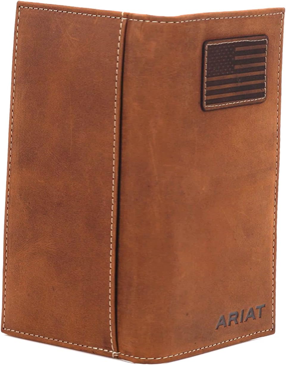ARIAT Men’s Rodeo Wallet, Medium Brown Genuine Leather, USA Flag Patch, Multiple Card Slots, 6-1/2″ x 3-1/2″