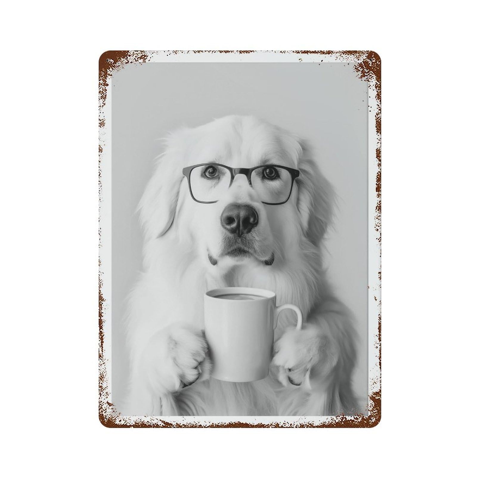 xiaoxiaoshen Great Pyrenees Drinking Coffee Black And White Wall Decor Art Metal Tin Poster Modern Home Decor Art Home Bar Shop Decorations Vintage Sign 40x30cm