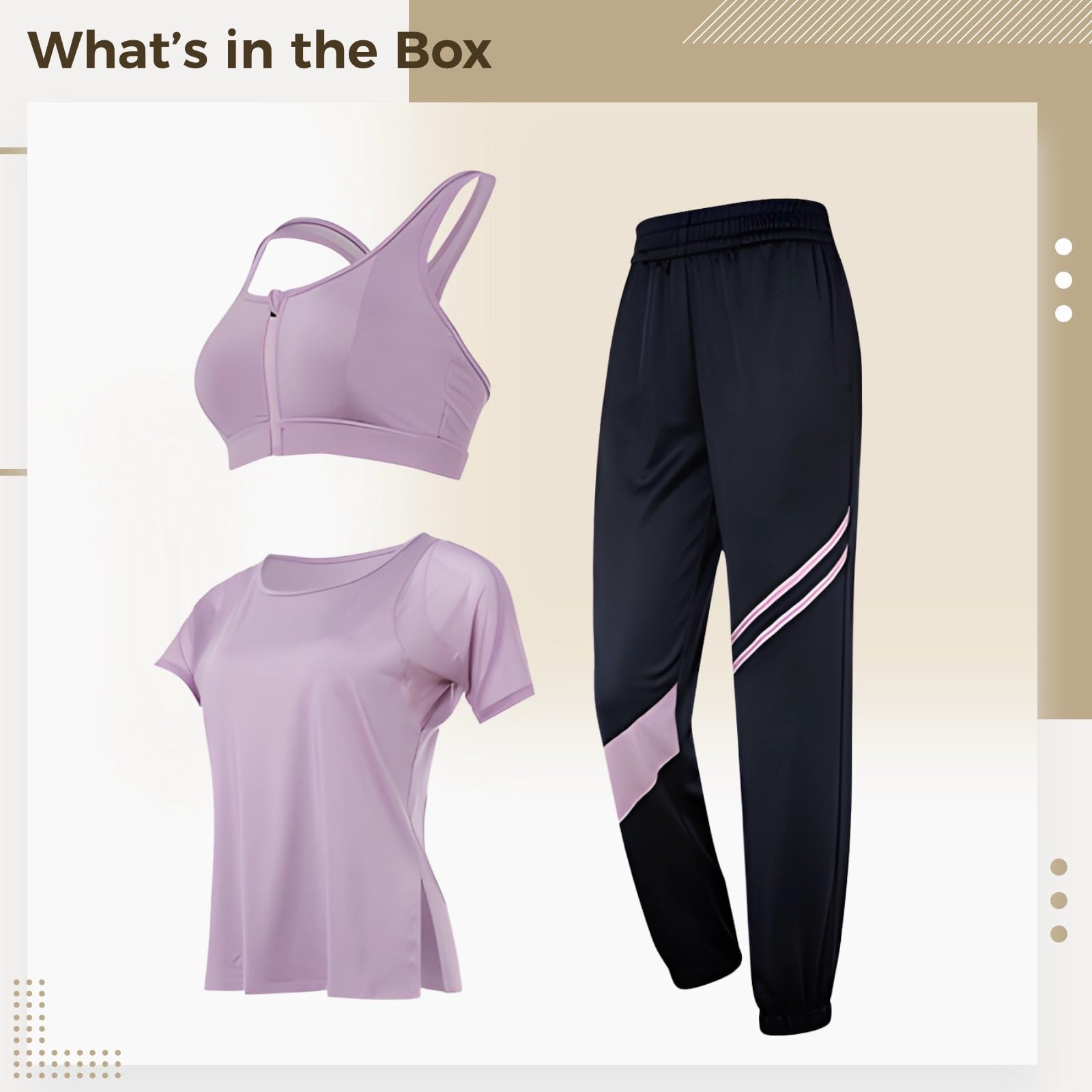Conjunto de entrenamiento de tres piezas para mujer, incluye brasier deportivo, camiseta de manga corta, leggings, conjuntos de yoga de 3 piezas, elegante diseño morado y negro, tela transpirable de