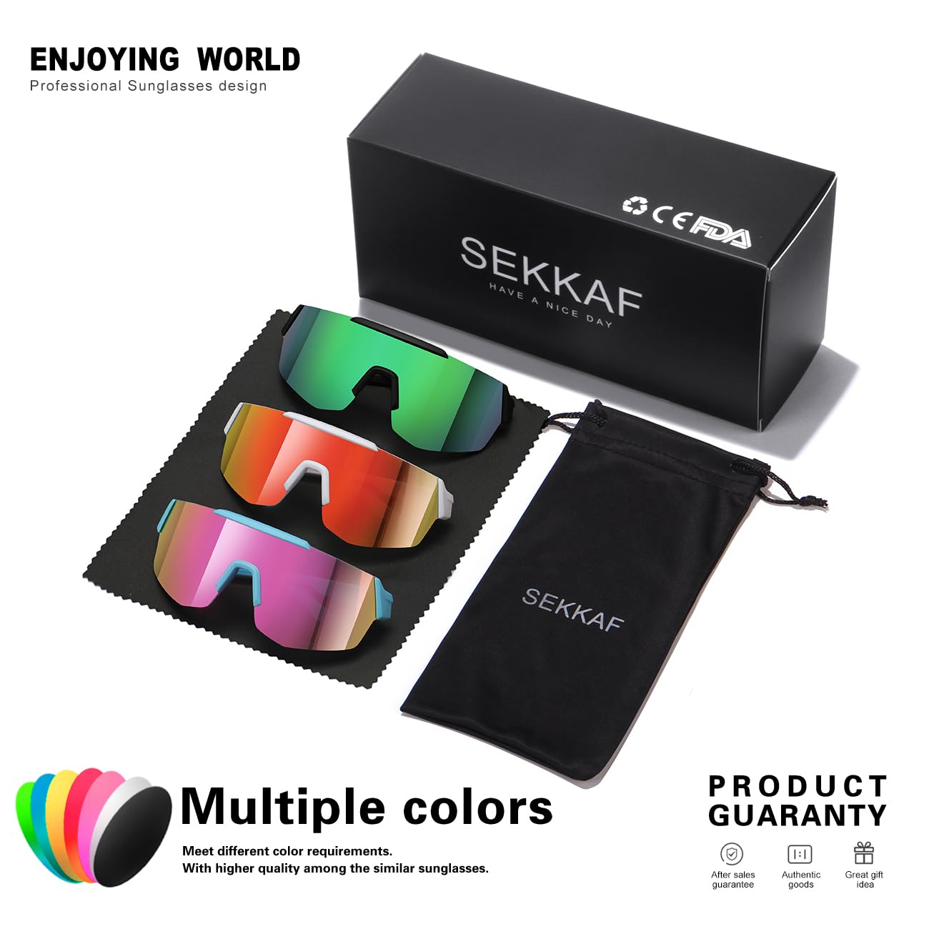 SEKKAF Paquete de 3 lentes de sol polarizados de béisbol para niños y niñas, para deportes, sóftbol, protección UV, Paquete de 3, negro, verde, blanco y azul, 66 Millimeters
