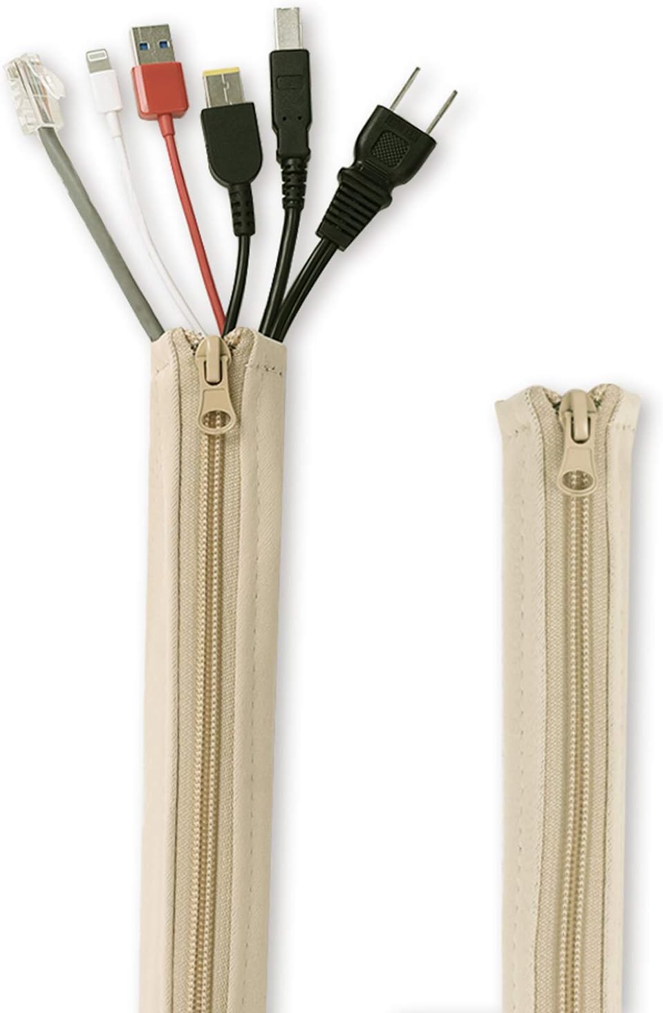 Flexible Cable Management Sleeve with Zipper - Extendable Cord Organizer System Wrap Wire Cable Cover Sleeve Holder, Keep Home & Office Clean Safe Protector for TV/Media, Beige, 39 Inches, 2 Pcs