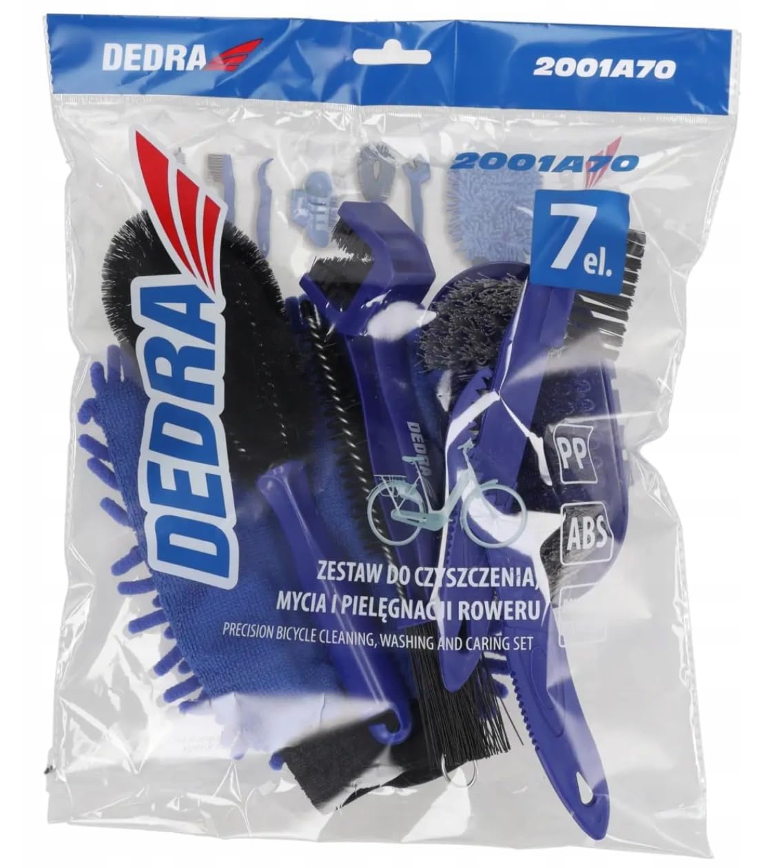 DEDRA 2001A70 zestaw do czyszczenia, mycia i pielęgnacji roweru, 7-częściowy, z tworzywa sztucznego (PP, ABS, poliester), delikatne czyszczenie bez zarysowań, wszechstronne zastosowanie