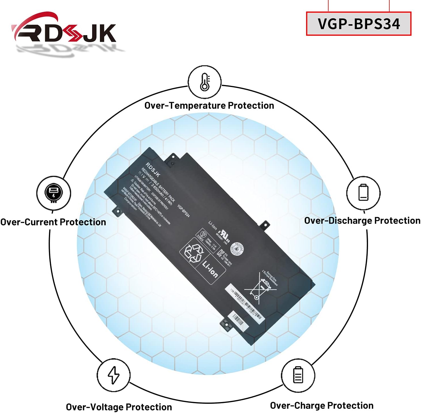 VGP-BPS34 VGP-BPL34 Laptop Battery for Sony Vaio Fit 14 15 Touch SVF14AC1QL SVF14A14CXP SVF14A16CXB SVF15A1ACXB SVF15A1ACXS SVF15A1BCXB SVF15A1BCXS SVF15A1CCXB SVF15A1DPXB SVF15A18CXB 11.1V 41Wh
