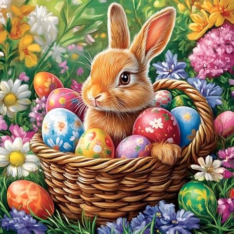 RICUVED Rabbit Diamond Painting Kits for Adults, Easter 5D Diamond Painting Egg Diamond Art Kits for Beginner, Full Round Drill Flowers Diamond Art Paint Gem Art Crafts Kits for Home Decor 12x12inch Cover