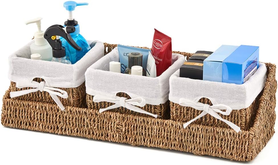 EZOWare Set of 3 Natural Seagrass Baskets with Hanging Tray, Wall Mountable Storage Wicker Container Bins with Liner for Organizing Kids Baby Cloth, Room Decor, Toys, Towels, Gift Basket Empty, Brown