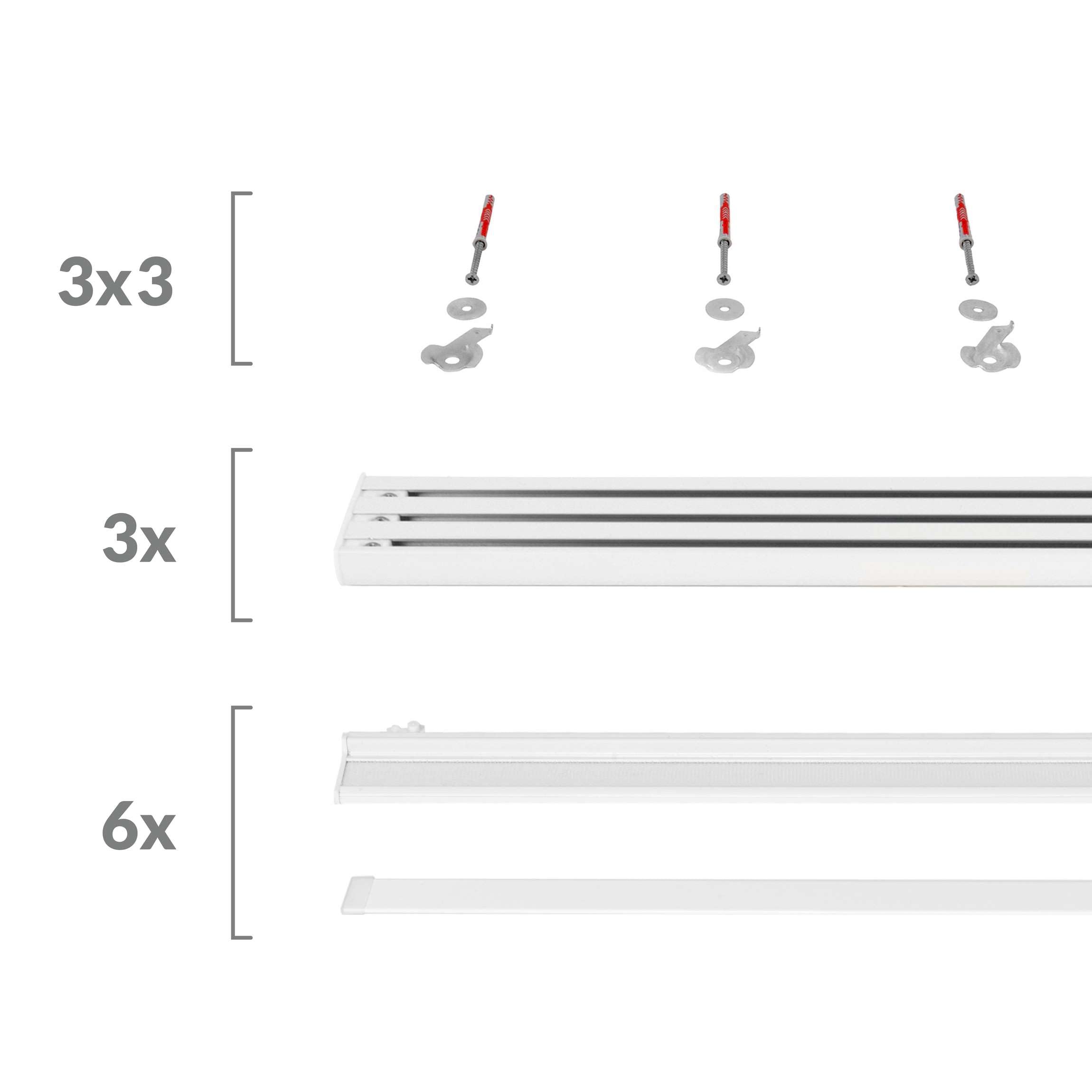 Kit de rails pour panneaux en tissu avec auto-agrippant, montage au plafond - 3 voies, support mural + bande auto-agrippante, aluminium, kit de 3 rails et 6 supports pour panneaux en tissu de 60 cm