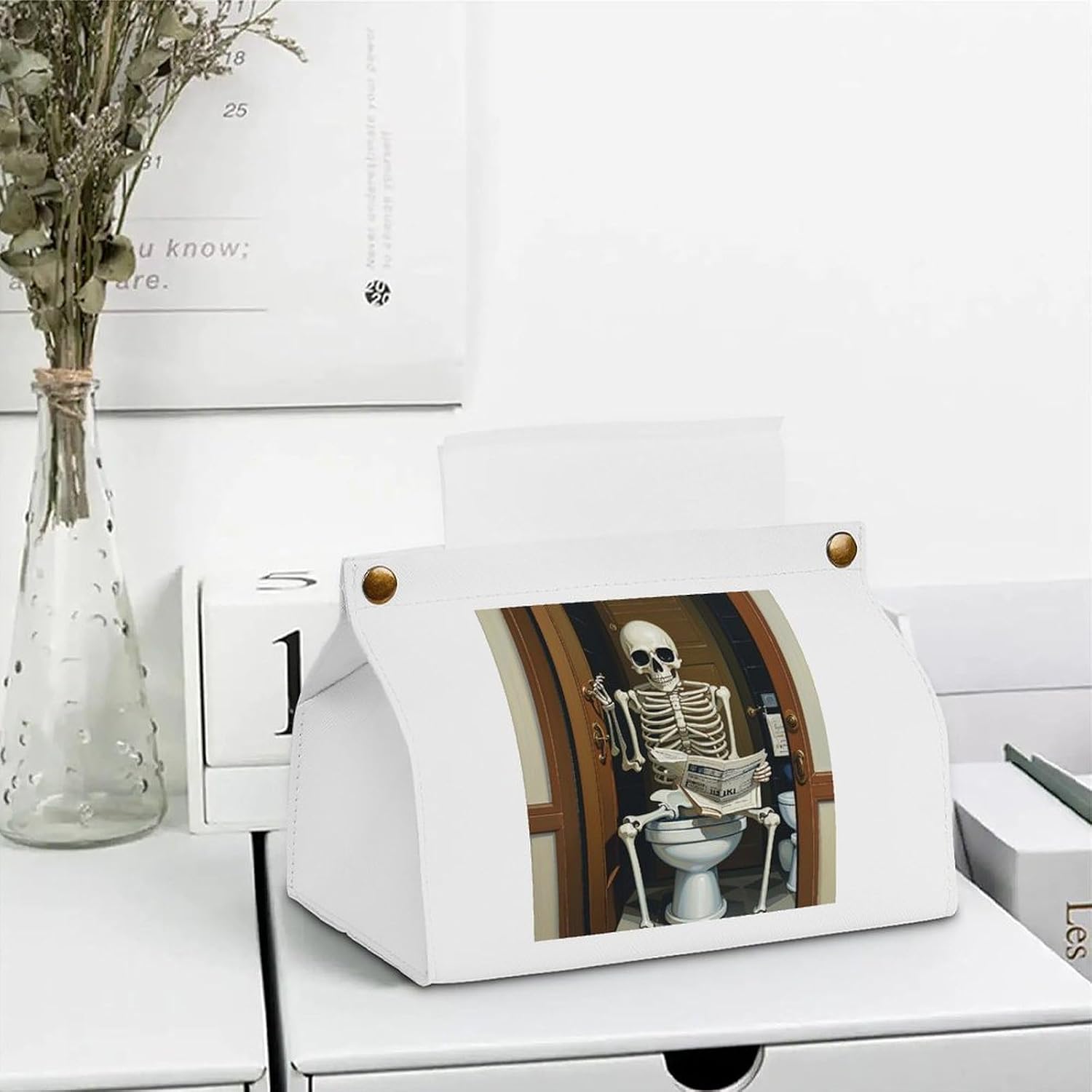 PU Tissue Box Cover Funny Skeleton Bathroom Canvas Printed Decorative Tissue Paper Holder Napkin Tissues Organizer for Bathroom Vanity Countertop Night Stands Office Desk image 5