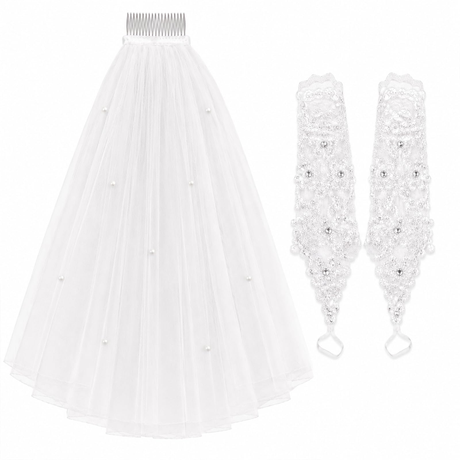 3Pcs Wedding Veil for Bride Net Gloves for Women, Christian Wedding Gowns Bridal Veil Bride to Be Veils White Gloves, 1Pc 25 Inches Face Veils and 1 Pair Hand Glovess-image-6