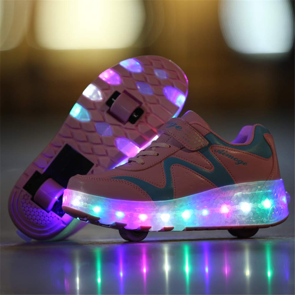 Axcer LED USB Aufladen Leuchtend Schuhe mit Doppelt Rollen Ultraleicht Einziehbar Outdoor Sportschuhe 7 Farbe Farbwechsel Blinkschuhe Skateboardschuhe Blinking Gymnastik Sneaker für Junge Mädchen