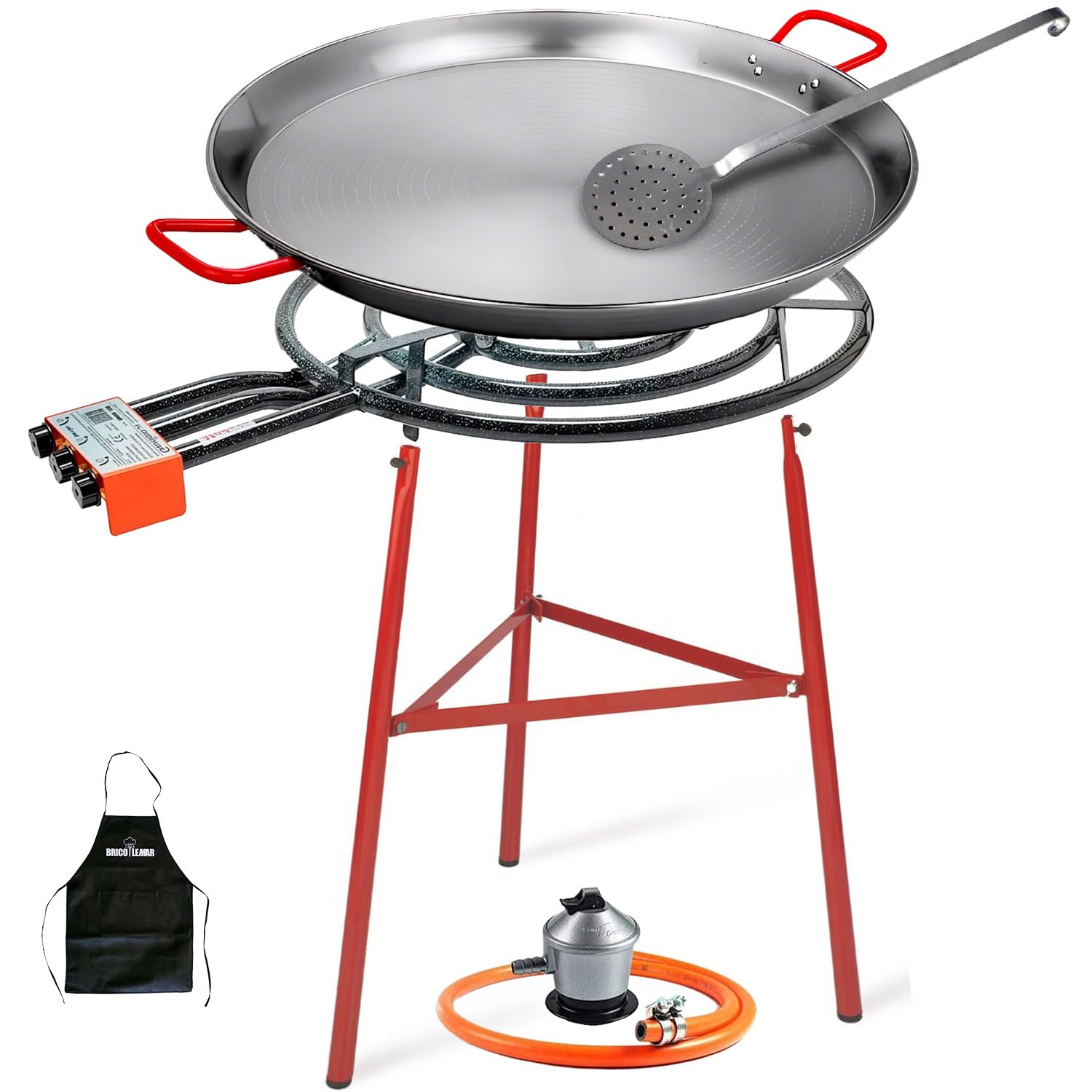 Paellero 60cm a Gas + Kit Bricolemar (Soporte Reforzado + Espumadera + Paellera 70 cm + Regulador de Butano y Manguera Homologada Kabra - Delantal Gratis)