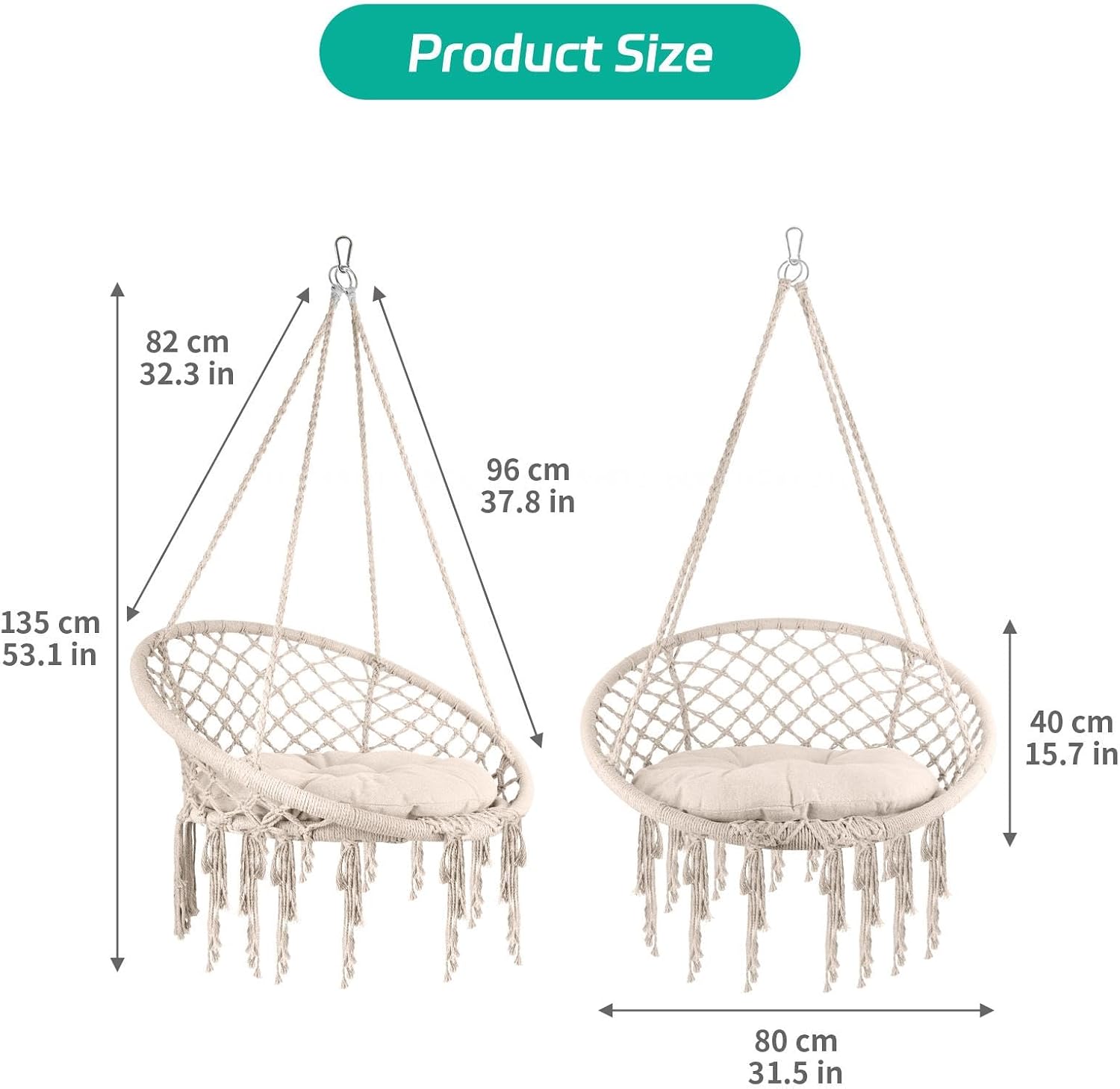 Extra Strong Swinging Chair 500 LBS, Cotton Rope Hanging Chair Indoor with Cushion, Macrame Kit for Bedroom, Balcony and Patio