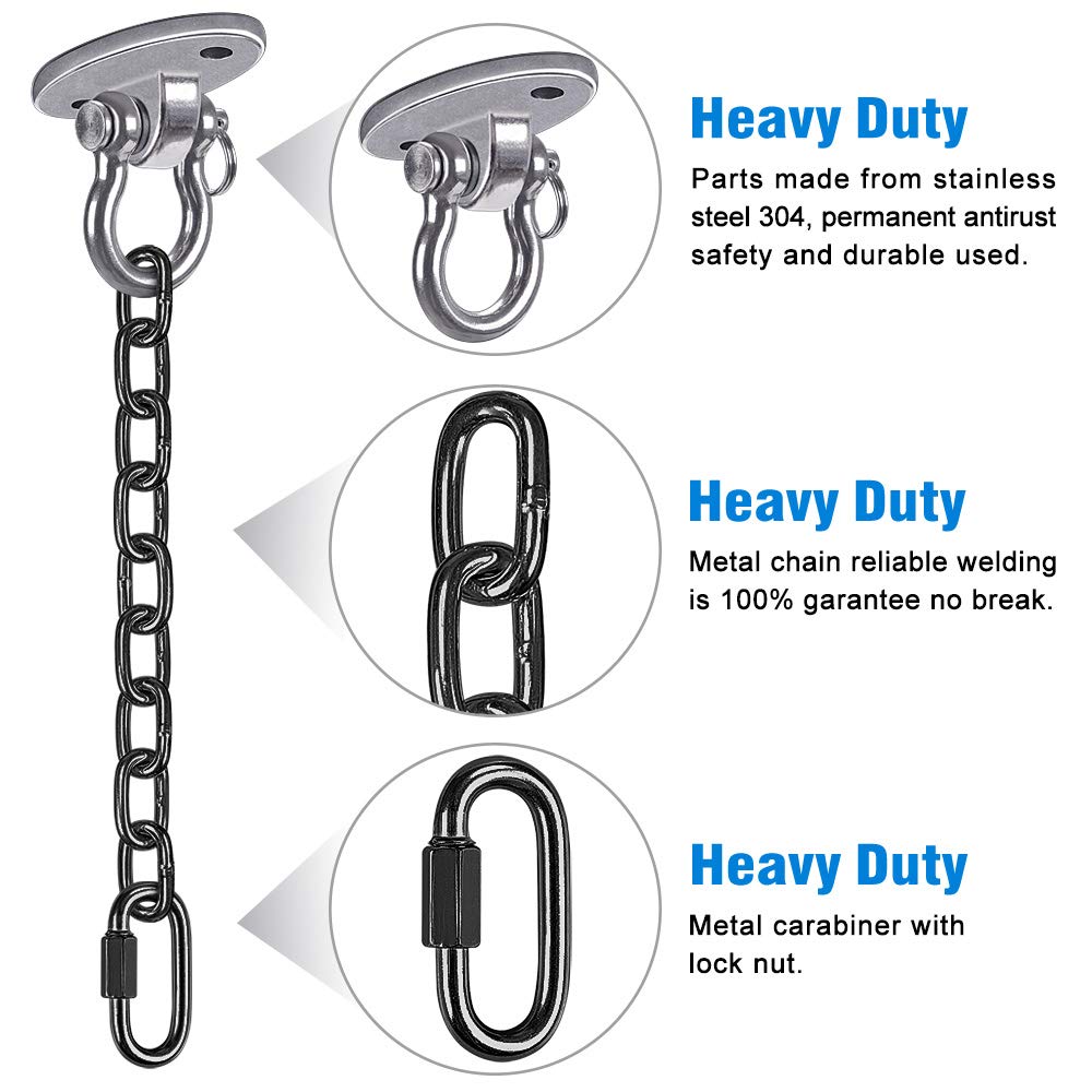 BeneLabel Wood/Concrete Ceiling Hanger 180 Swivel Hammock Swing Hanging Screw Bolt Hardware Metal Oval Bracket 1M Black Chain Carabiner for Outdoor Playground Chair Yoga Rope Punching Bags, 1000lbs - Image 3