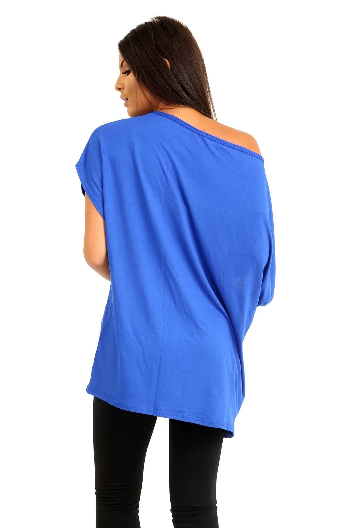 Lot de 3 t-shirts surdimensionnés à manches courtes avec épaules dénudées chauve-souris pour femmes, t-shirts amples unis, épaules dénudées, fête et tenue décontractée, bleu marine, 40-42