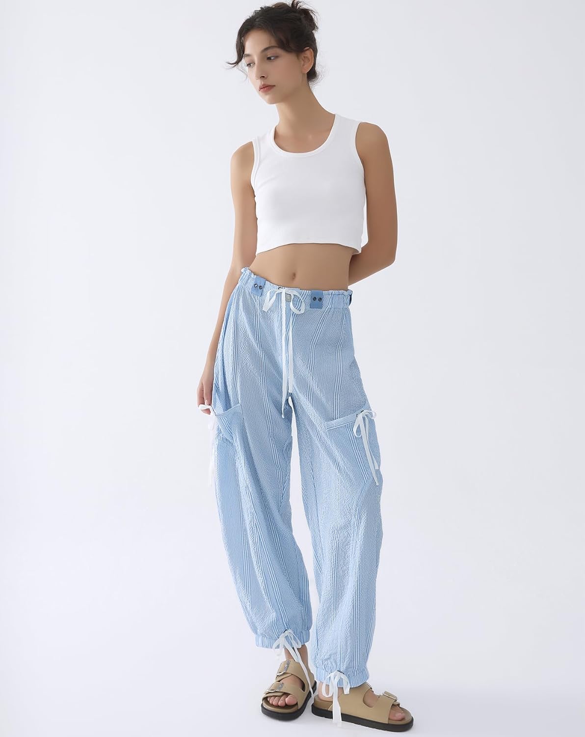 EZAPINE Women Striped Barrel Pants Drawstring Casual Baggy Boyfriend Y2K Streetwear Parachute Pants with Pockets