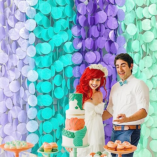 Image of 205Ft Purple Teal Big Circle Dot Backdrop Streamer Tissue Paper Polka Dot Hanging Garland for Mermaid Under the Sea Birthday Bachelorette Wedding Shower Engagement Party Decorations Supplies