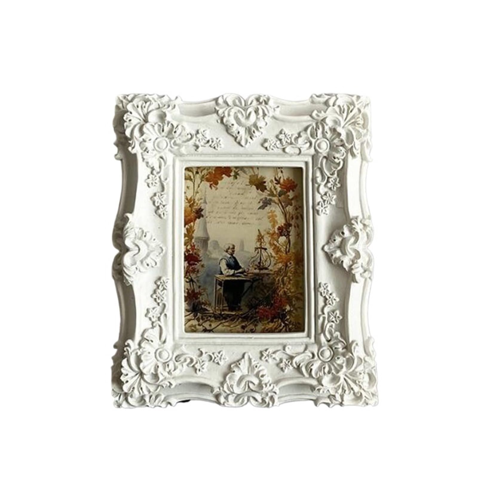DAJGRHE Photo Frame Resin Relief Floral Pattern White Photo Frame Picture Desktop Ornaments